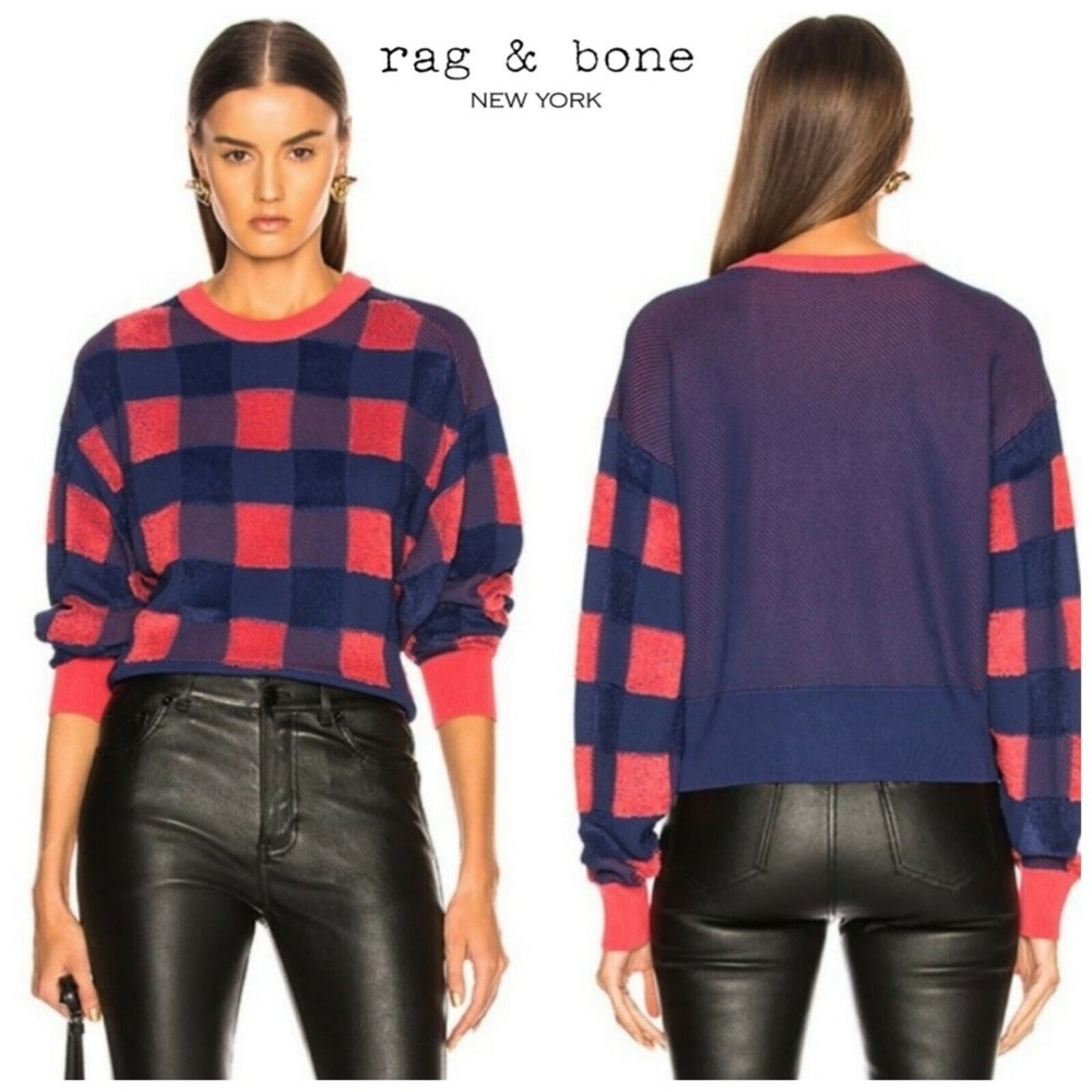 rag & bone Ridley Textured Crewneck Cropped Sweater Pink Blue XS